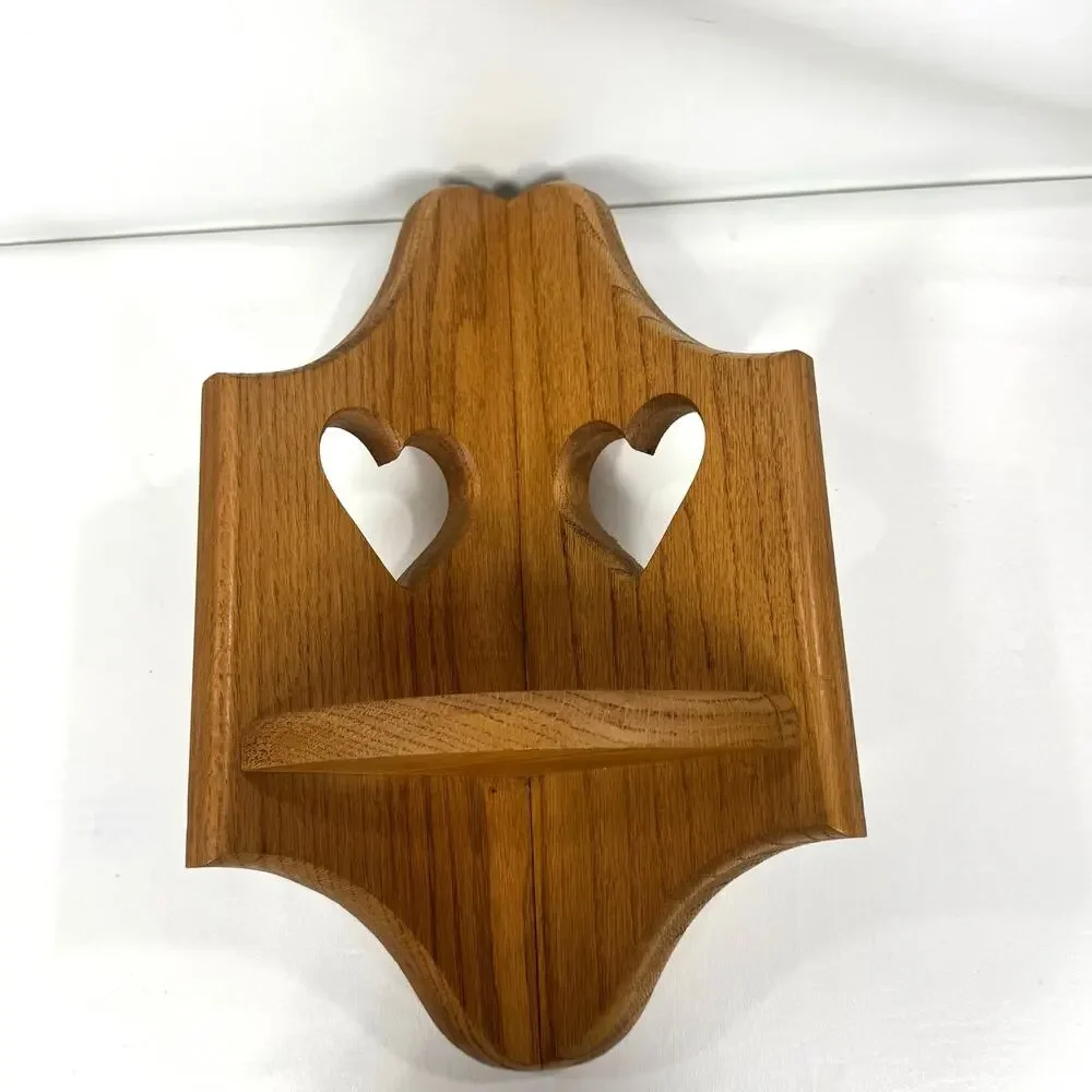 Vintage Solid Oak Corner Wall Shelf Heart Cutout Country Farmhouse Rustic
